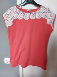 różowa, koralowa bluzka damska, T-shirt z koronką, S (36), stan idealny